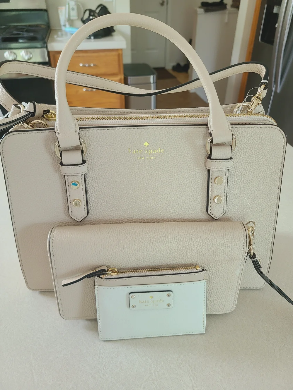 NEW kate spade Beige Pebbled Leather Satchel with Matching Pouch and Cardholder